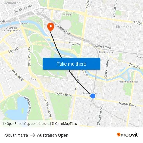 South Yarra to Australian Open map