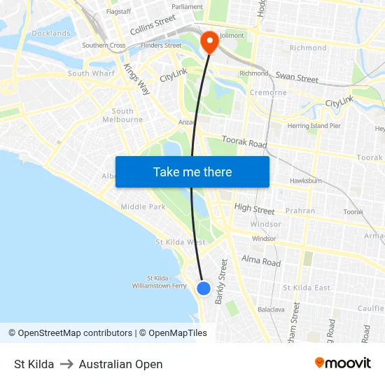 St Kilda to Australian Open map