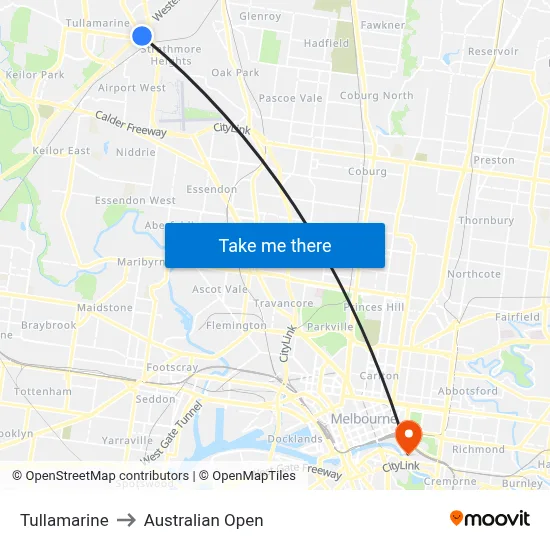 Tullamarine to Australian Open map