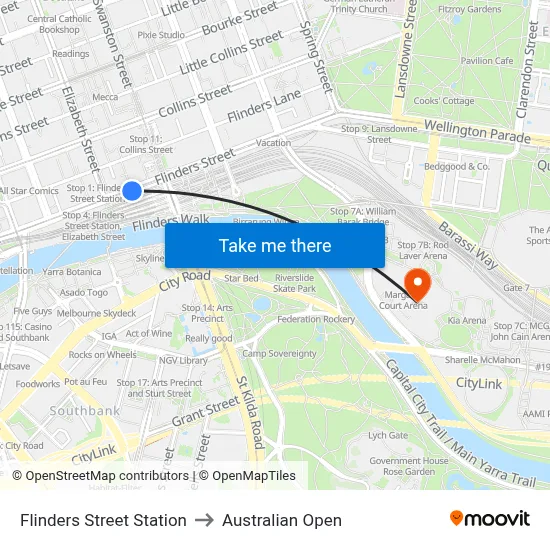 Flinders Street Station to Australian Open map