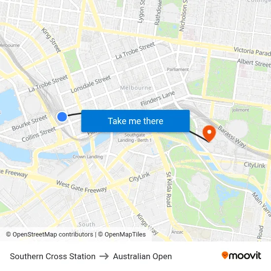 Southern Cross Station to Australian Open map