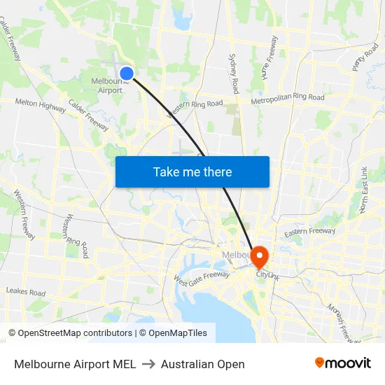 Melbourne Airport MEL to Australian Open map