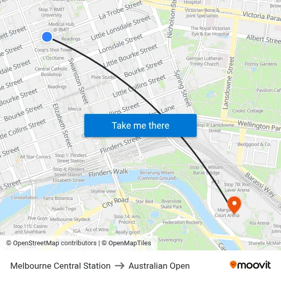 Melbourne Central Station to Australian Open map