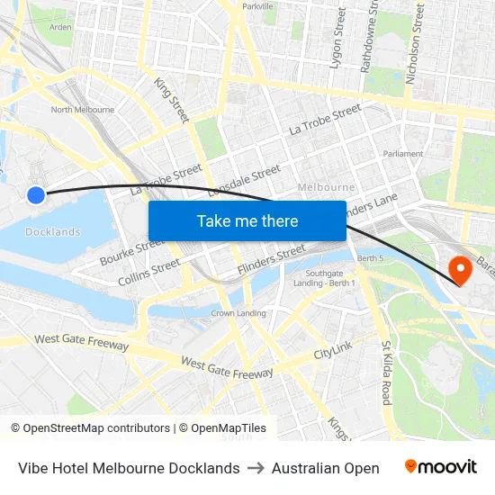 Vibe Hotel Melbourne Docklands to Australian Open map