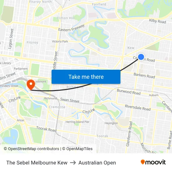 The Sebel Melbourne Kew to Australian Open map