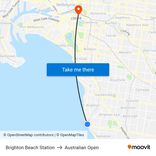 Brighton Beach Station to Australian Open map