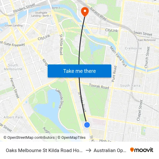 Oaks Melbourne St Kilda Road Hotel to Australian Open map