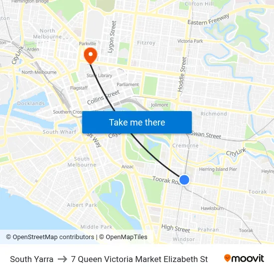 South Yarra to 7 Queen Victoria Market Elizabeth St map
