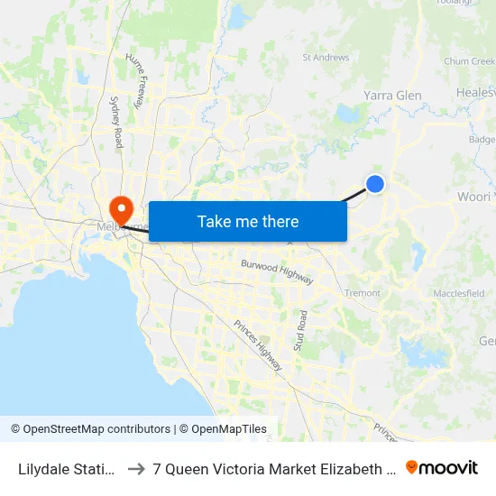 Lilydale Station to 7 Queen Victoria Market Elizabeth St map