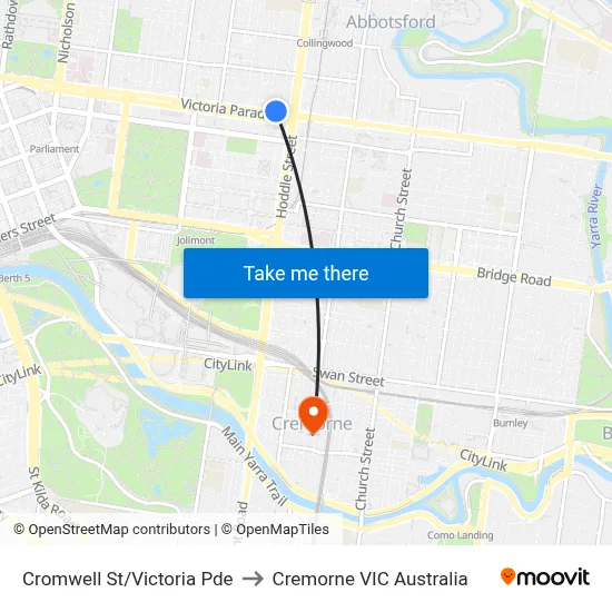 Cromwell St/Victoria Pde to Cremorne VIC Australia map