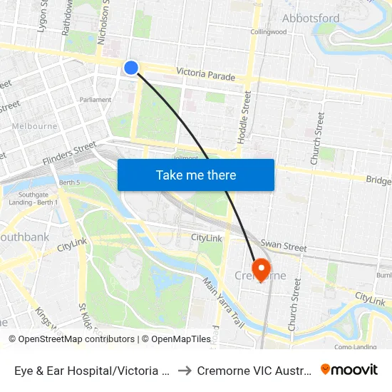 Eye & Ear Hospital/Victoria Pde to Cremorne VIC Australia map
