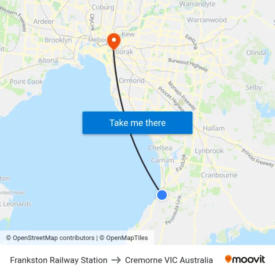 Frankston Railway Station to Cremorne VIC Australia map