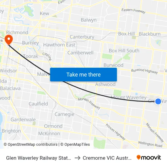 Glen Waverley Railway Station to Cremorne VIC Australia map