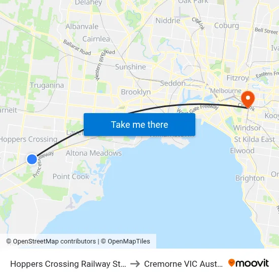 Hoppers Crossing Railway Station to Cremorne VIC Australia map