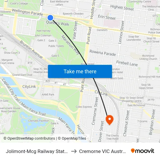 Jolimont-Mcg Railway Station to Cremorne VIC Australia map