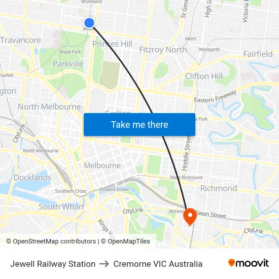 Jewell Railway Station to Cremorne VIC Australia map