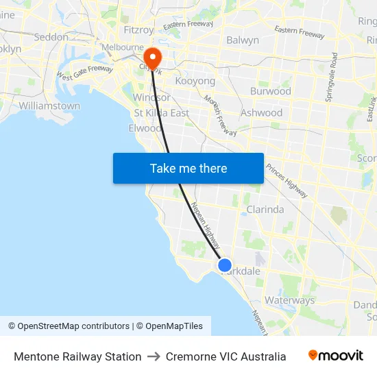 Mentone Railway Station to Cremorne VIC Australia map