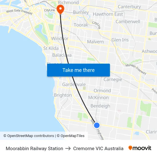 Moorabbin Railway Station to Cremorne VIC Australia map