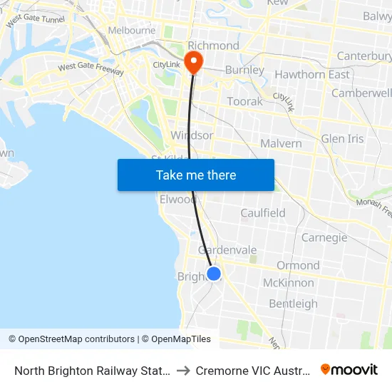 North Brighton Railway Station to Cremorne VIC Australia map