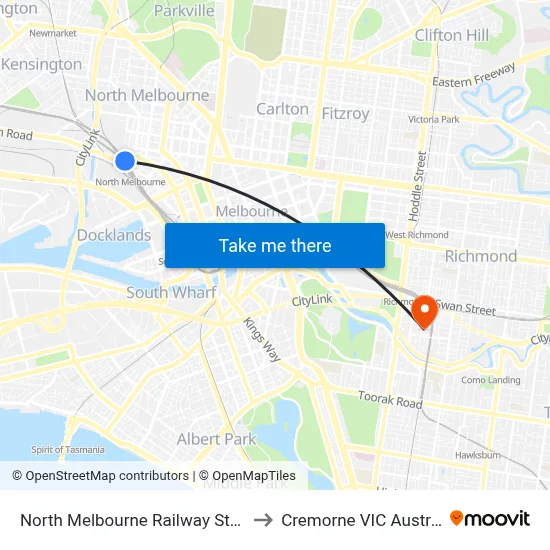 North Melbourne Railway Station to Cremorne VIC Australia map