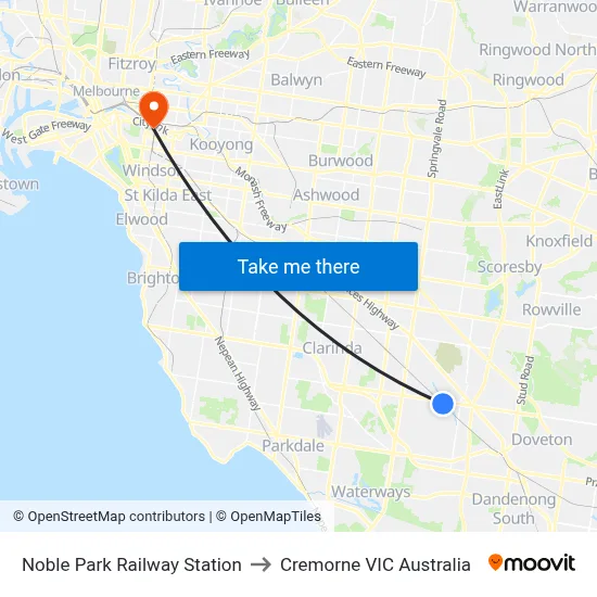 Noble Park Railway Station to Cremorne VIC Australia map