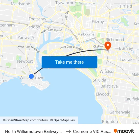 North Williamstown Railway Station to Cremorne VIC Australia map