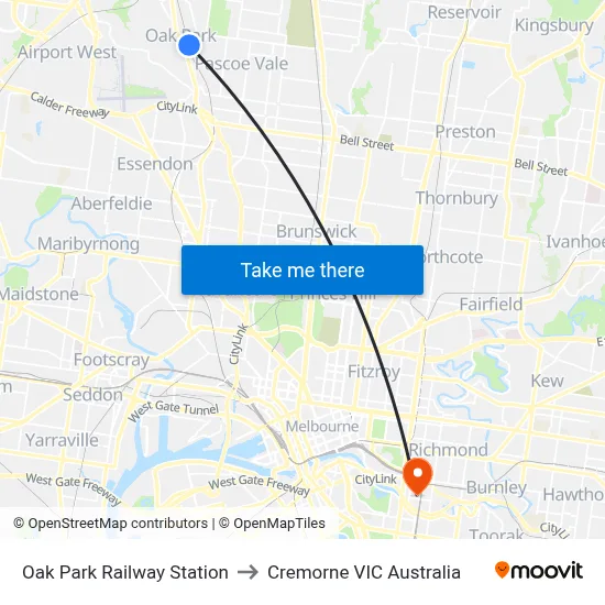 Oak Park Railway Station to Cremorne VIC Australia map
