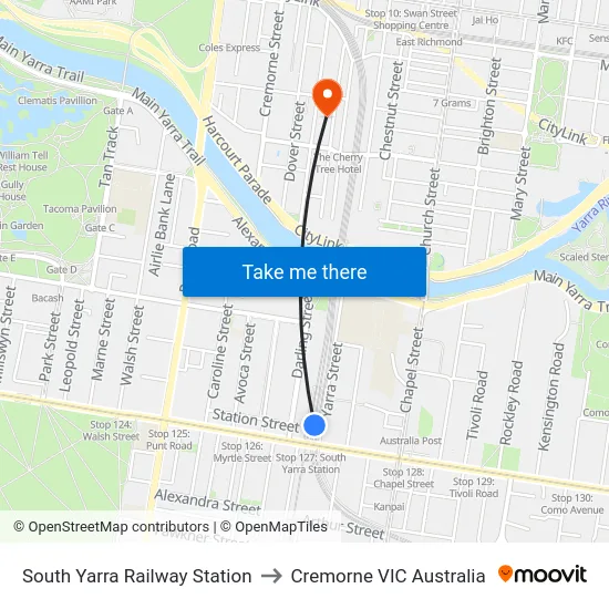 South Yarra Railway Station to Cremorne VIC Australia map