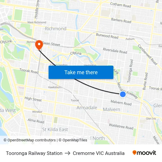 Tooronga Railway Station to Cremorne VIC Australia map
