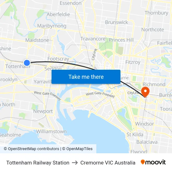Tottenham Railway Station to Cremorne VIC Australia map