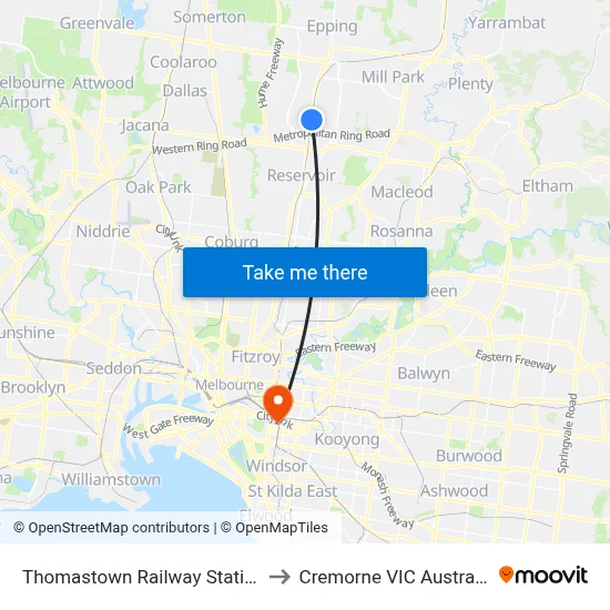 Thomastown Railway Station to Cremorne VIC Australia map