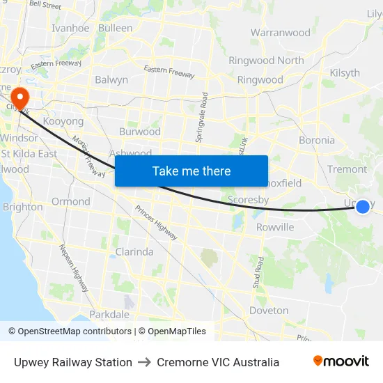 Upwey Railway Station to Cremorne VIC Australia map