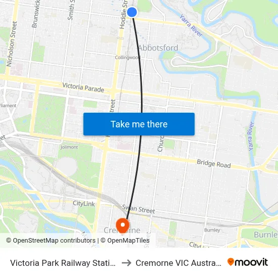 Victoria Park Railway Station to Cremorne VIC Australia map
