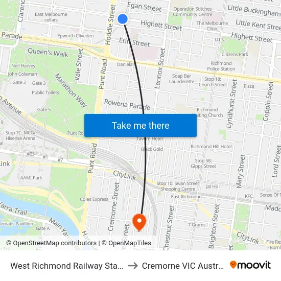 West Richmond Railway Station to Cremorne VIC Australia map