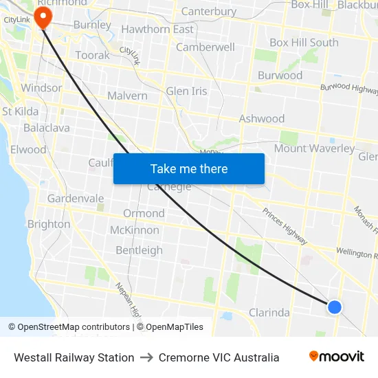 Westall Railway Station to Cremorne VIC Australia map