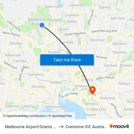 Melbourne Airport/Grants Rd to Cremorne VIC Australia map