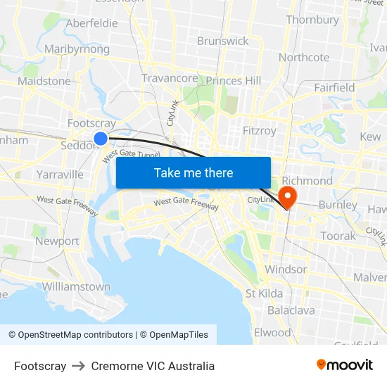 Footscray to Cremorne VIC Australia map