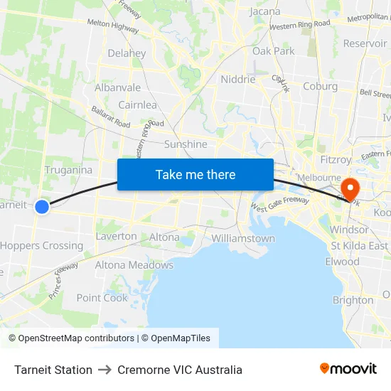 Tarneit Station to Cremorne VIC Australia map