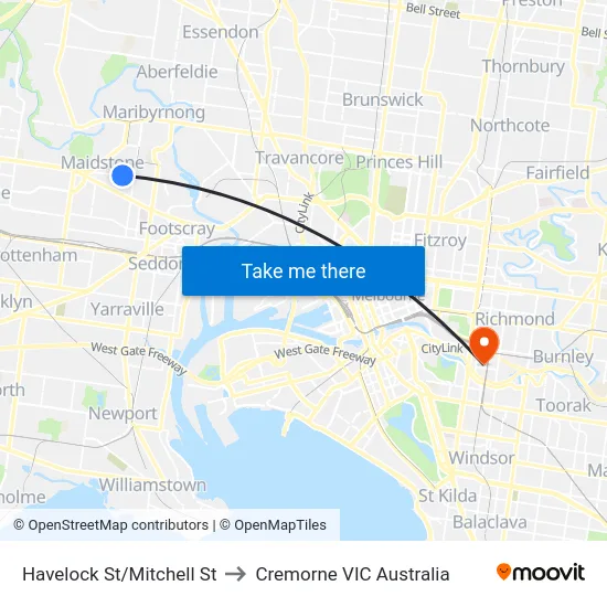 Havelock St/Mitchell St to Cremorne VIC Australia map