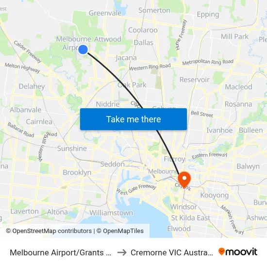 Melbourne Airport/Grants Rd to Cremorne VIC Australia map