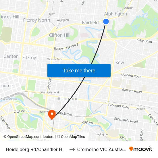 Heidelberg Rd/Chandler Hwy to Cremorne VIC Australia map