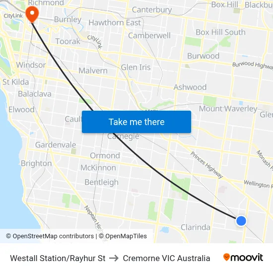 Westall Station/Rayhur St to Cremorne VIC Australia map
