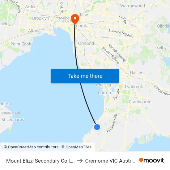 Mount Eliza Secondary College to Cremorne VIC Australia map