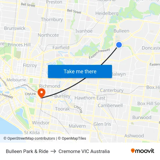 Bulleen Park & Ride to Cremorne VIC Australia map