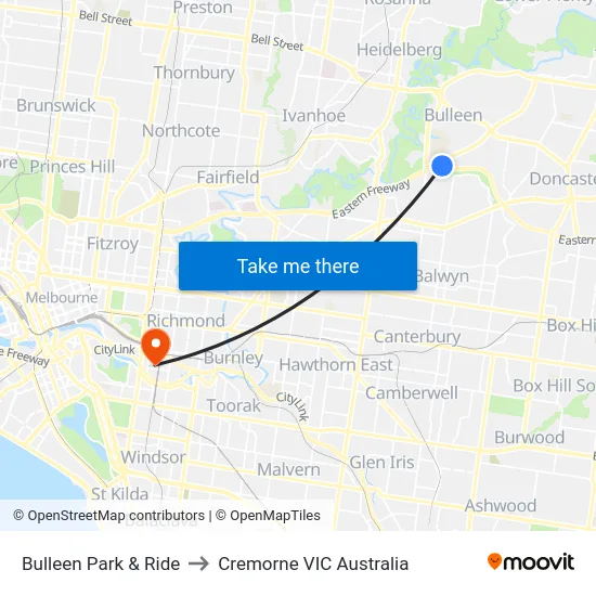 Bulleen Park & Ride to Cremorne VIC Australia map