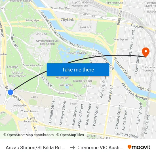 Anzac Station/St Kilda Rd #20 to Cremorne VIC Australia map