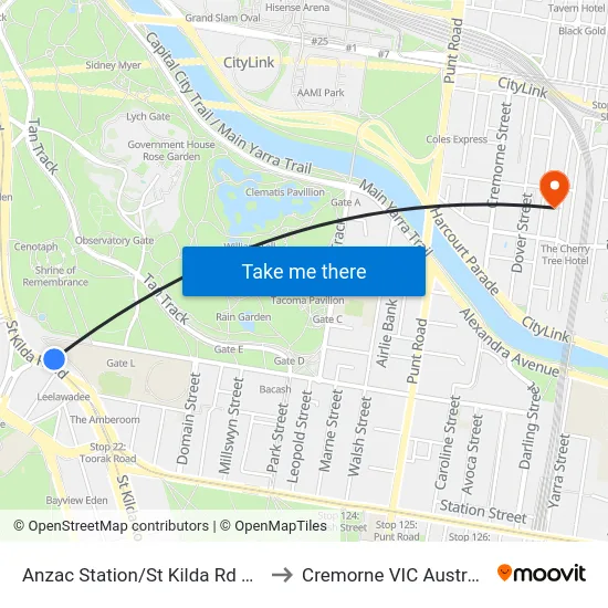 Anzac Station/St Kilda Rd #20 to Cremorne VIC Australia map