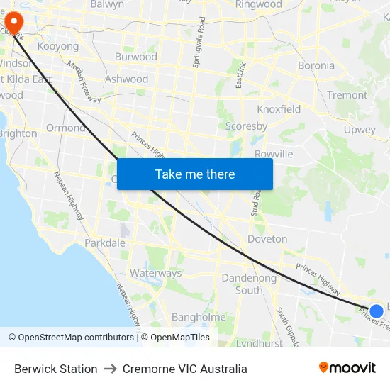 Berwick Station to Cremorne VIC Australia map