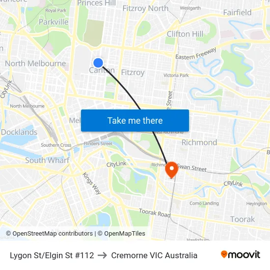 Lygon St/Elgin St #112 to Cremorne VIC Australia map