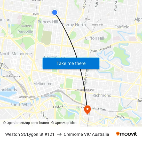 Weston St/Lygon St #121 to Cremorne VIC Australia map